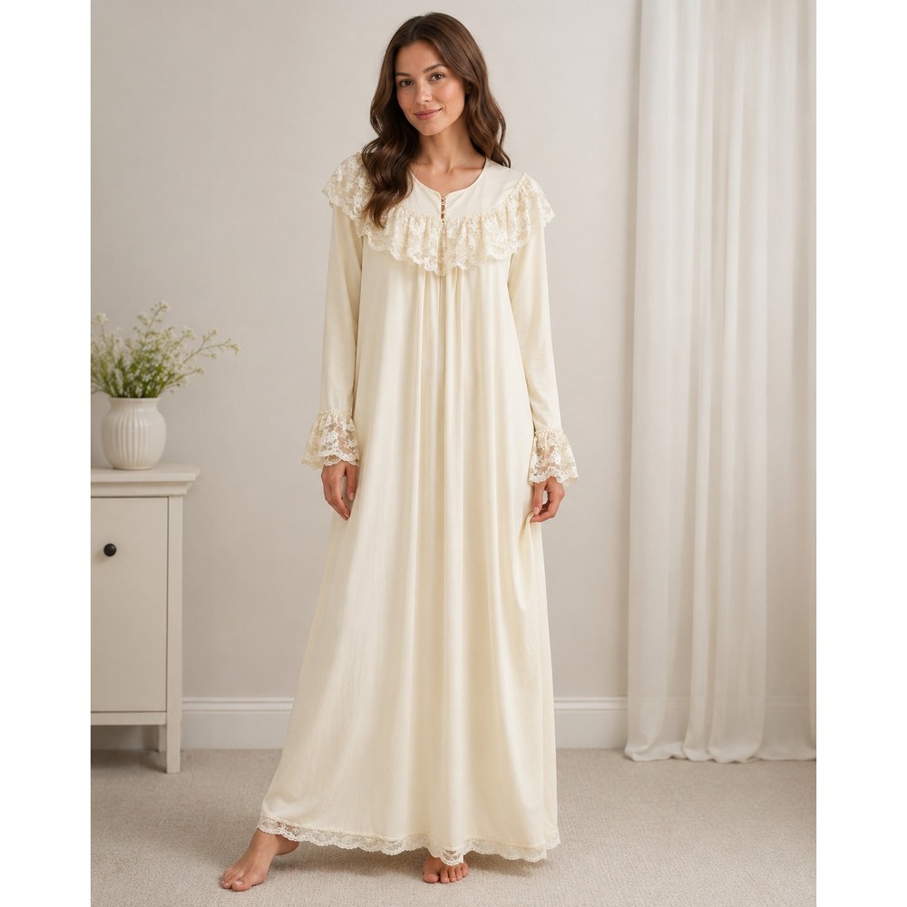 Vintage‎ Miss Elaine Ivory Lace Robe Gown Set Small ILGWU Made in USA Nylon